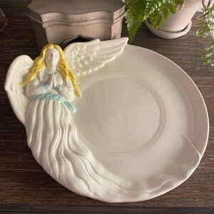 Vintage Christmas Angel Platter Antique 3D Ceramic or Porcelain Party Tray White